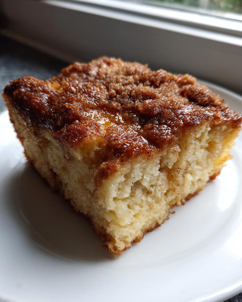 A close-up of a square slice of baked french toast with a gooey, cinnamon-sugar topping.