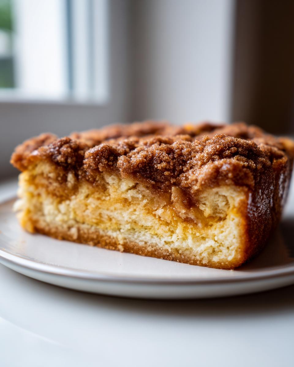 A close-up of a thick slice of baked french toast topped with a rich, crumbly cinnamon streusel.