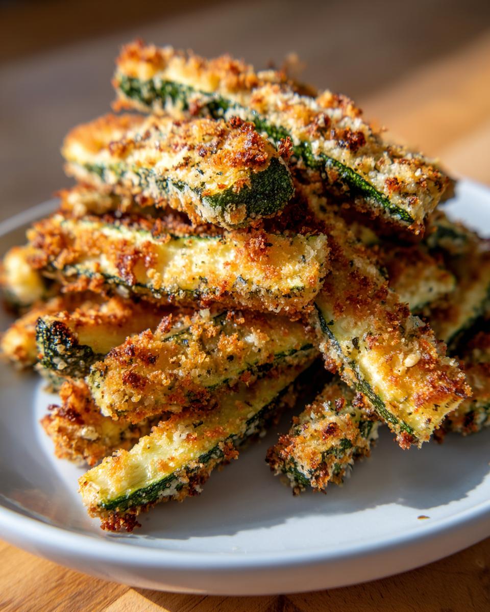 A tall stack of golden brown, crispy baked parmesan zucchini fries piled high on a white plate.