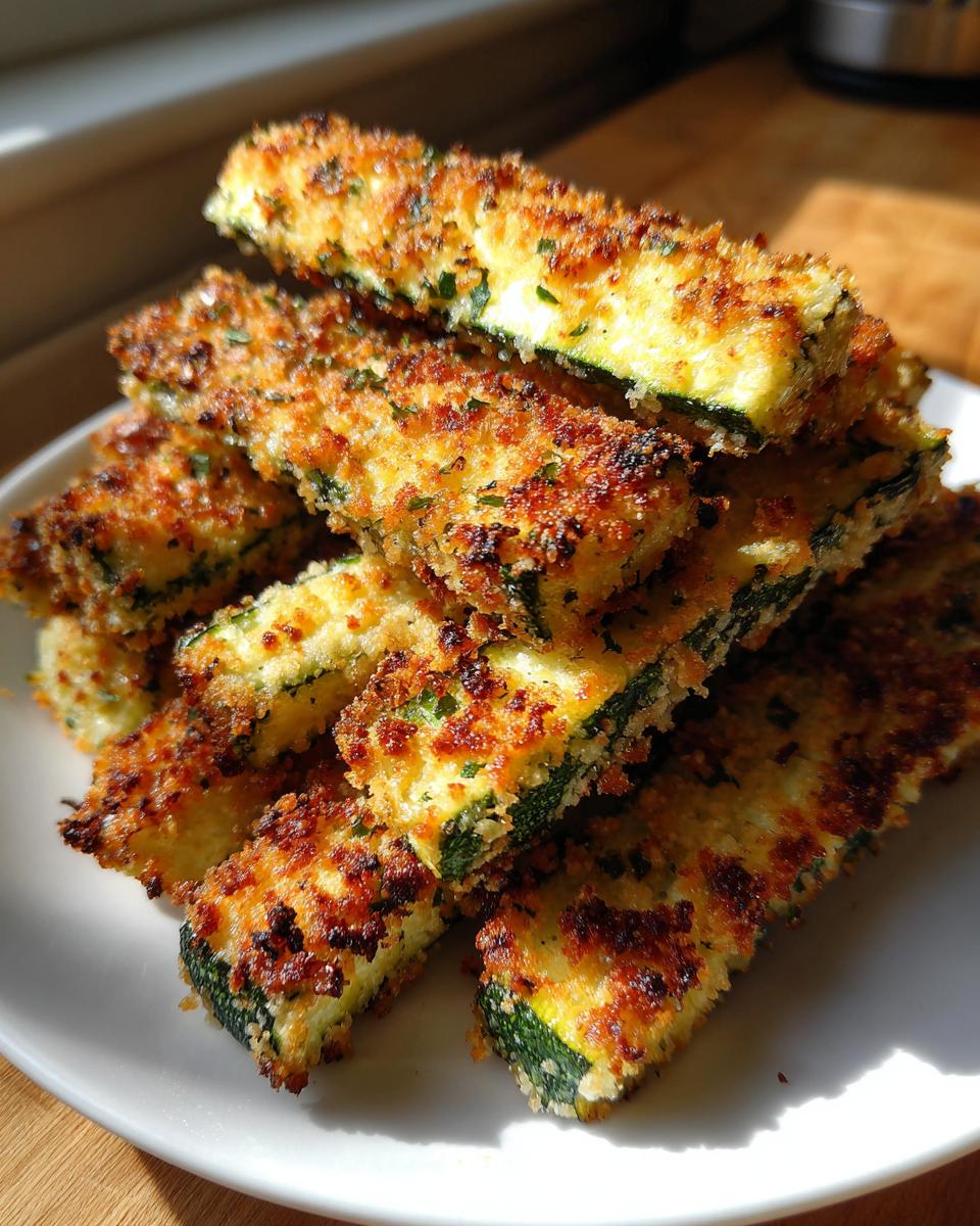 A stack of crispy, golden baked parmesan zucchini sticks seasoned with herbs on a white plate.