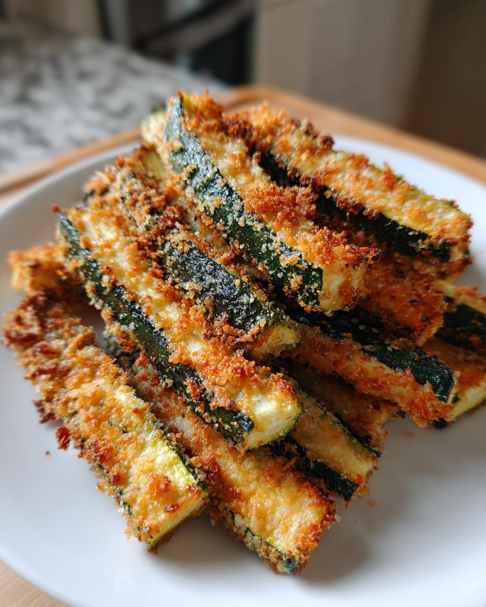 A close-up of golden brown, crispy baked parmesan zucchini sticks piled on a white plate.