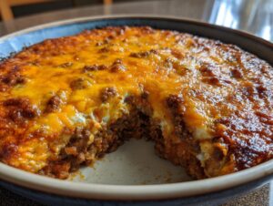 Close-up of hot, baked texas trash dip in a round dish, showing a thick layer of browned ground meat and melted, bubbly cheddar cheese.