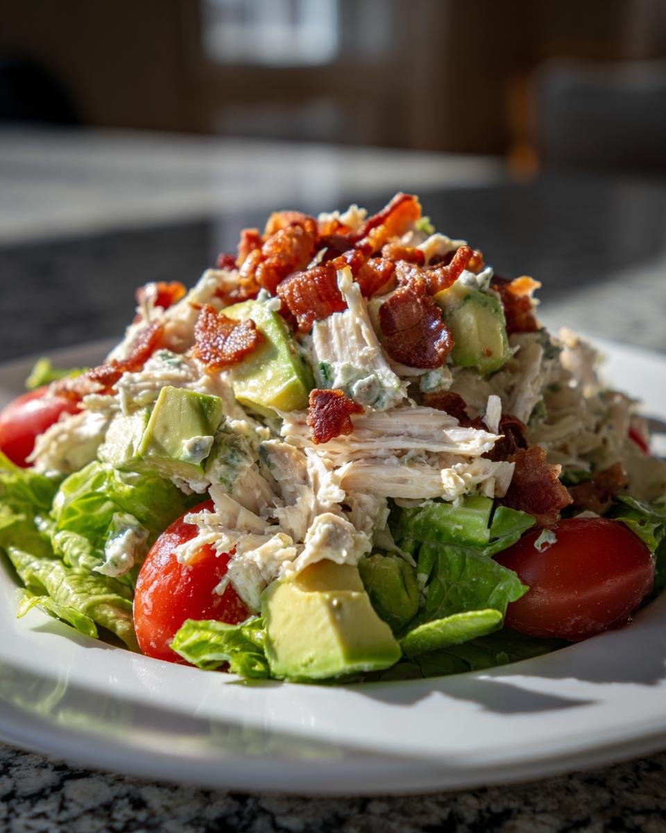 A close-up of a hearty blt chicken salad piled high with shredded chicken, avocado chunks, tomatoes, and crispy bacon bits.