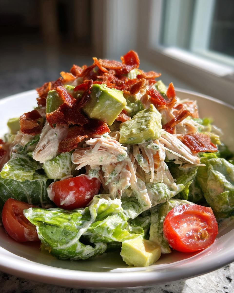 A close-up of a bowl of creamy blt chicken salad topped with crispy bacon and diced avocado.