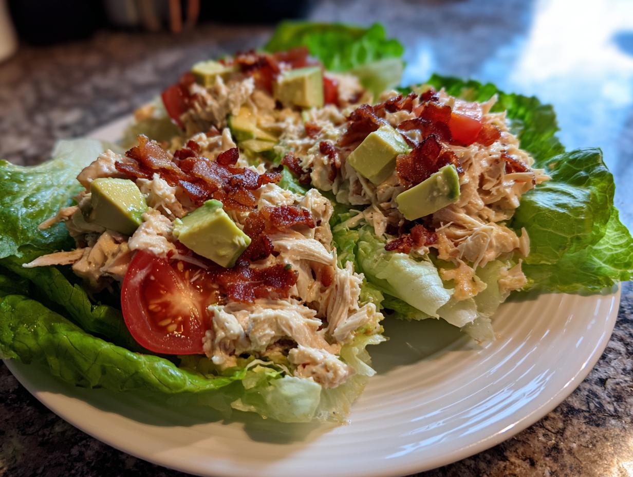Two servings of creamy blt chicken salad served in crisp lettuce cups, topped with bacon, avocado, and tomato.