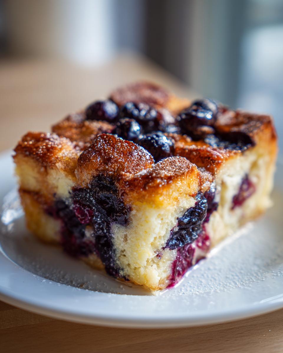 A close-up of a square slice of moist blueberry french toast casserole topped with baked blueberries and powdered sugar.