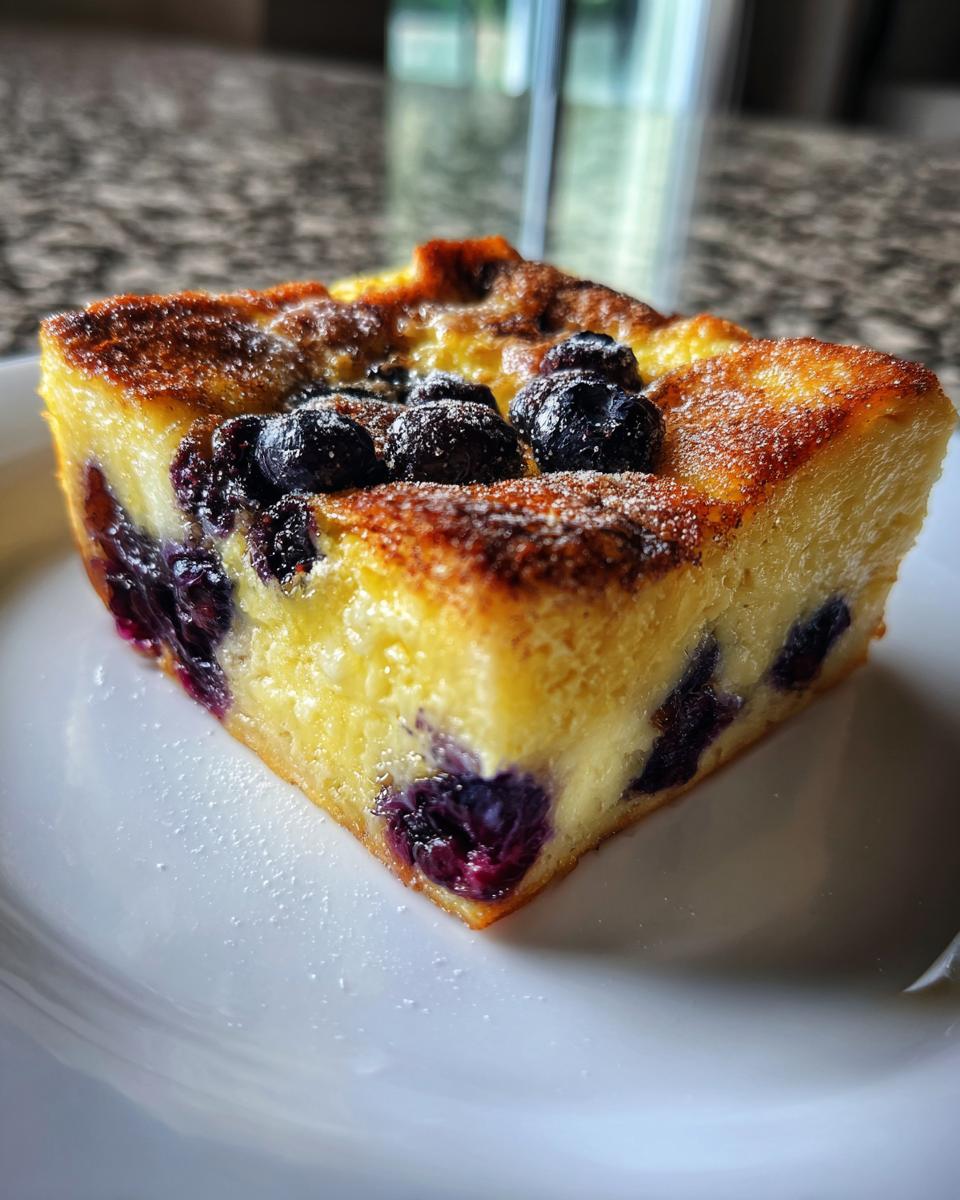 A square slice of golden baked blueberry french toast casserole dusted with powdered sugar.
