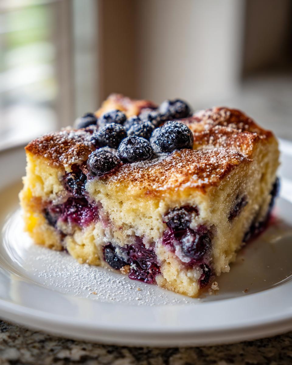 A close-up of a square slice of moist blueberry french toast casserole topped with fresh blueberries and powdered sugar.