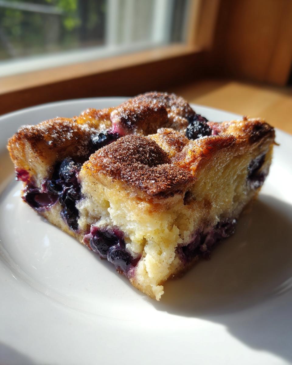 A close-up of a single serving of blueberry french toast casserole topped with cinnamon sugar, sitting on a white plate.