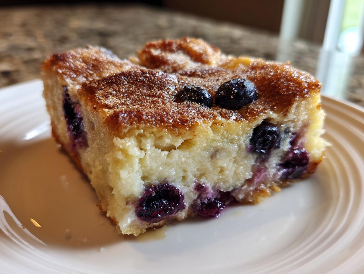 A close-up of a moist slice of blueberry french toast casserole topped with cinnamon sugar, sitting on a white plate.