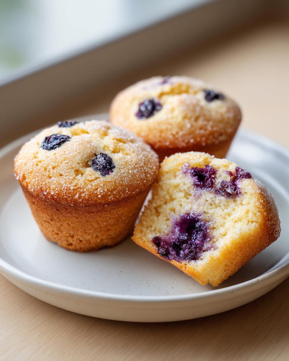 Three blueberry protein muffins on a plate, one cut in half showing the moist interior and purple blueberries.