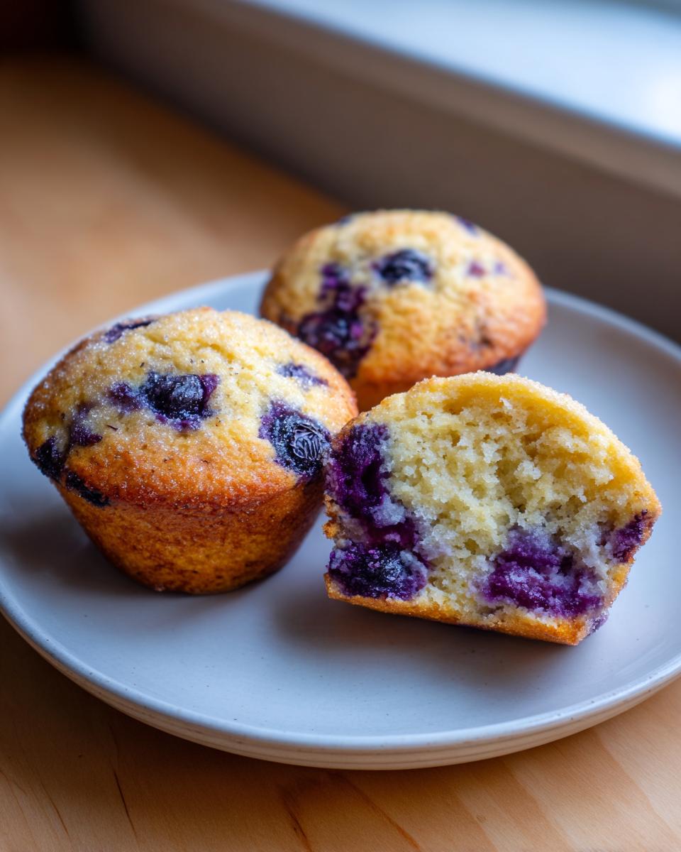 Three golden blueberry protein muffins on a plate, one cut open showing the moist interior and purple berries.