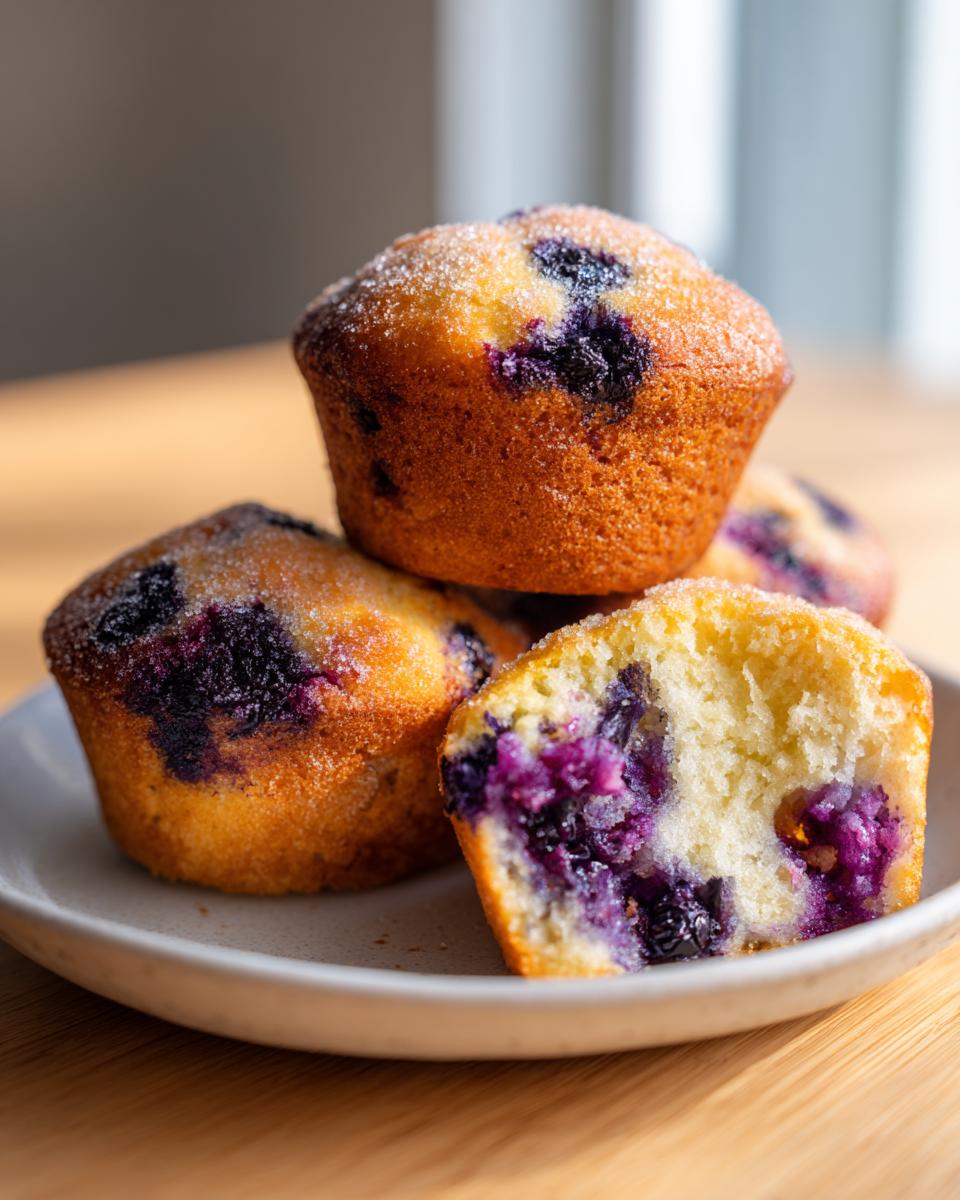 Close-up of several blueberry protein muffins stacked on a plate, one cut open showing the moist interior.