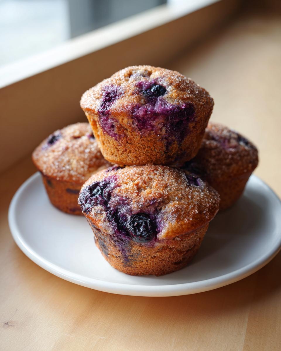 A stack of four golden-brown blueberry protein muffins topped with coarse sugar, resting on a white plate.