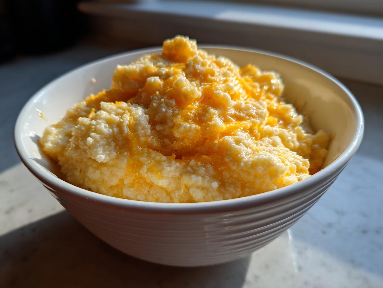 A close-up of a white bowl filled with creamy, bright yellow cheese grits topped with melted cheddar.