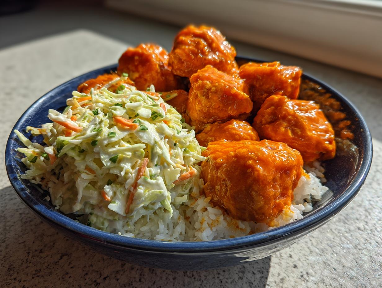 A close-up view of a buffalo chicken bowl featuring bright orange sauced chicken pieces served over white rice next to a mound of creamy coleslaw.