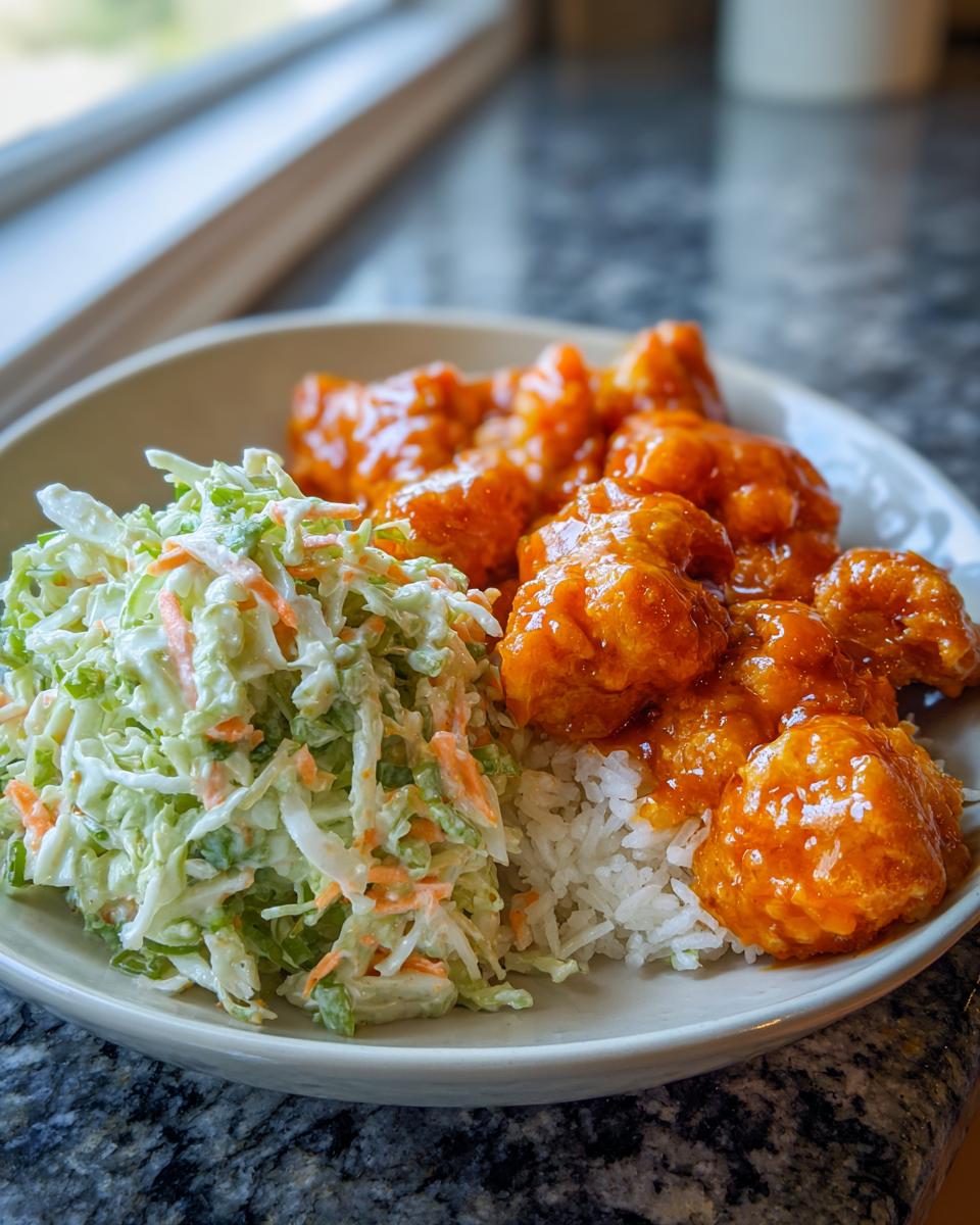 A plate featuring a buffalo chicken bowl assembly: saucy buffalo chicken pieces over white rice next to a serving of creamy coleslaw.