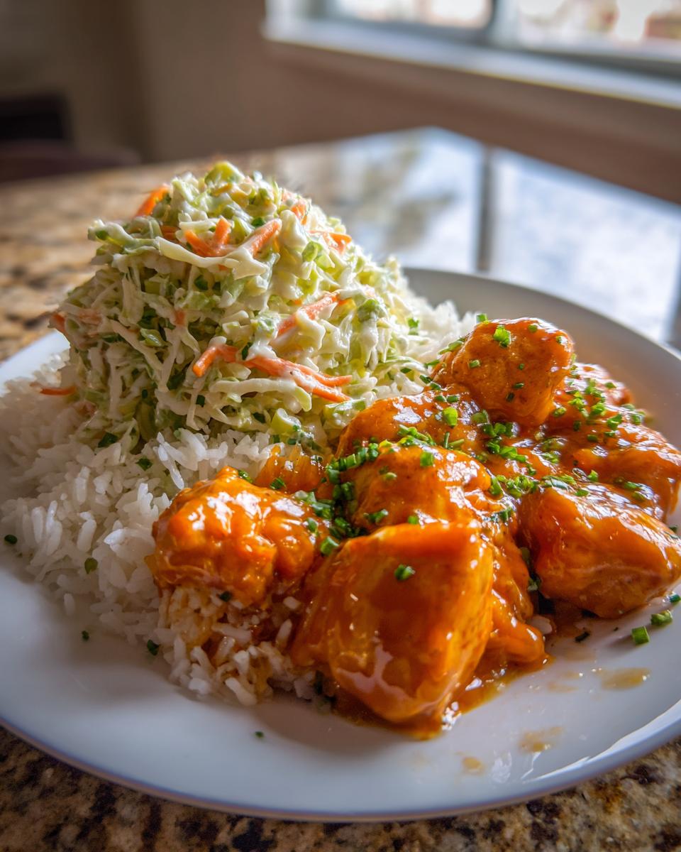 A close-up of a buffalo chicken bowl featuring saucy chicken pieces served over white rice next to a mound of creamy coleslaw.