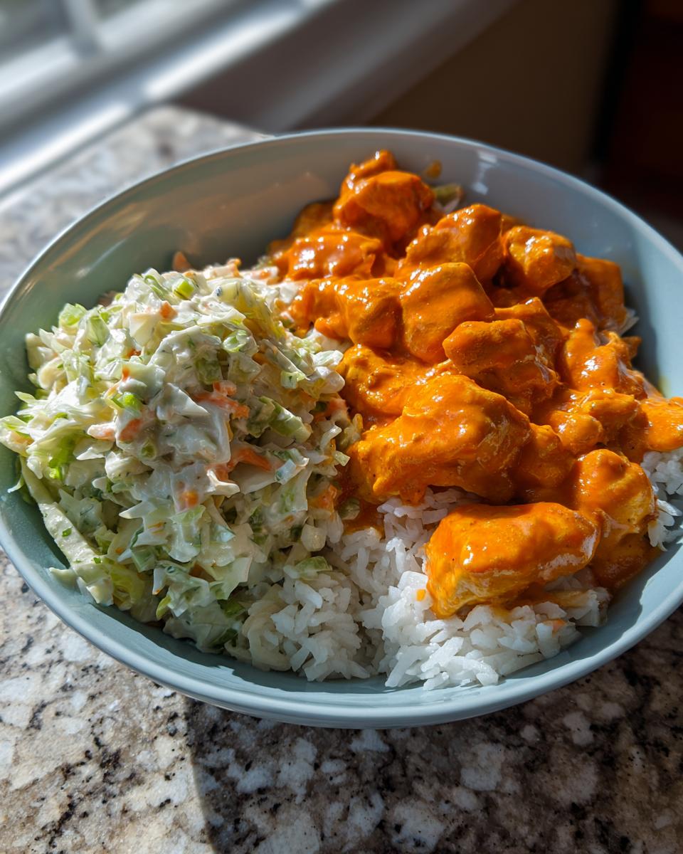 A vibrant buffalo chicken bowl featuring orange sauced chicken pieces over white rice next to creamy coleslaw.