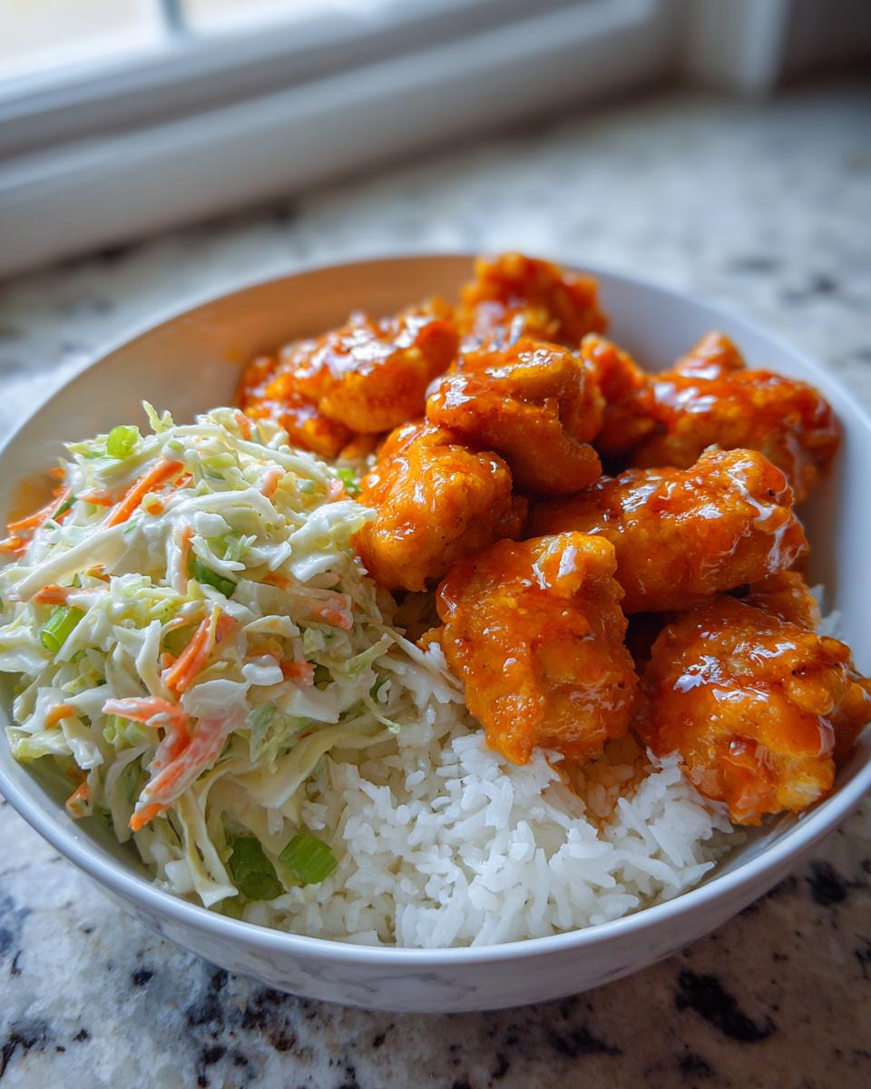 A white bowl filled with white rice, topped with saucy buffalo chicken pieces and a side of creamy coleslaw, making a perfect buffalo chicken bowl.