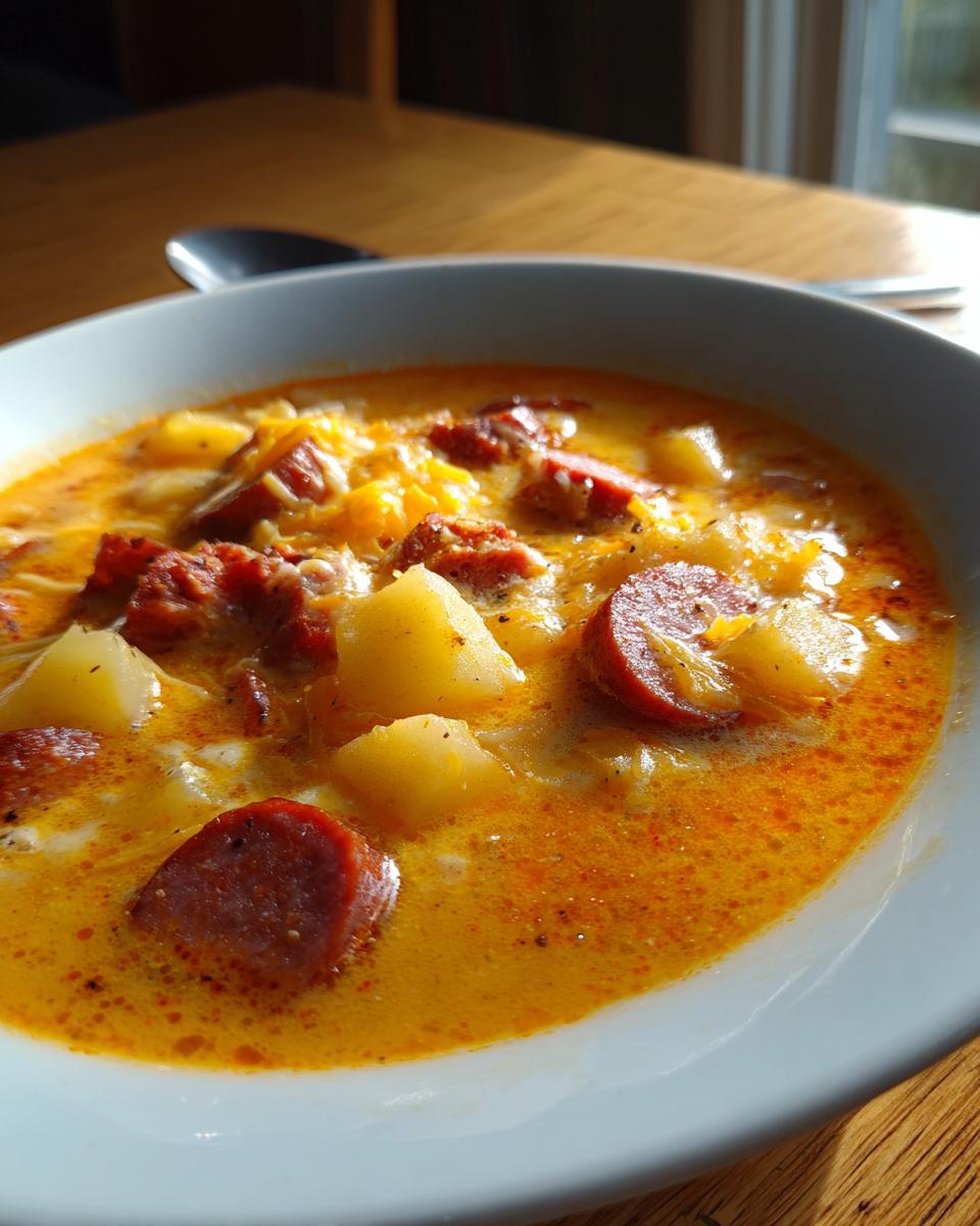 Close-up of a bowl of creamy, orange-hued Cajun potato soup topped with chunks of sausage and melted cheese.
