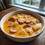 A close-up of a white bowl filled with creamy Cajun potato soup, featuring chunks of potato, sliced sausage, and shredded cheddar cheese.