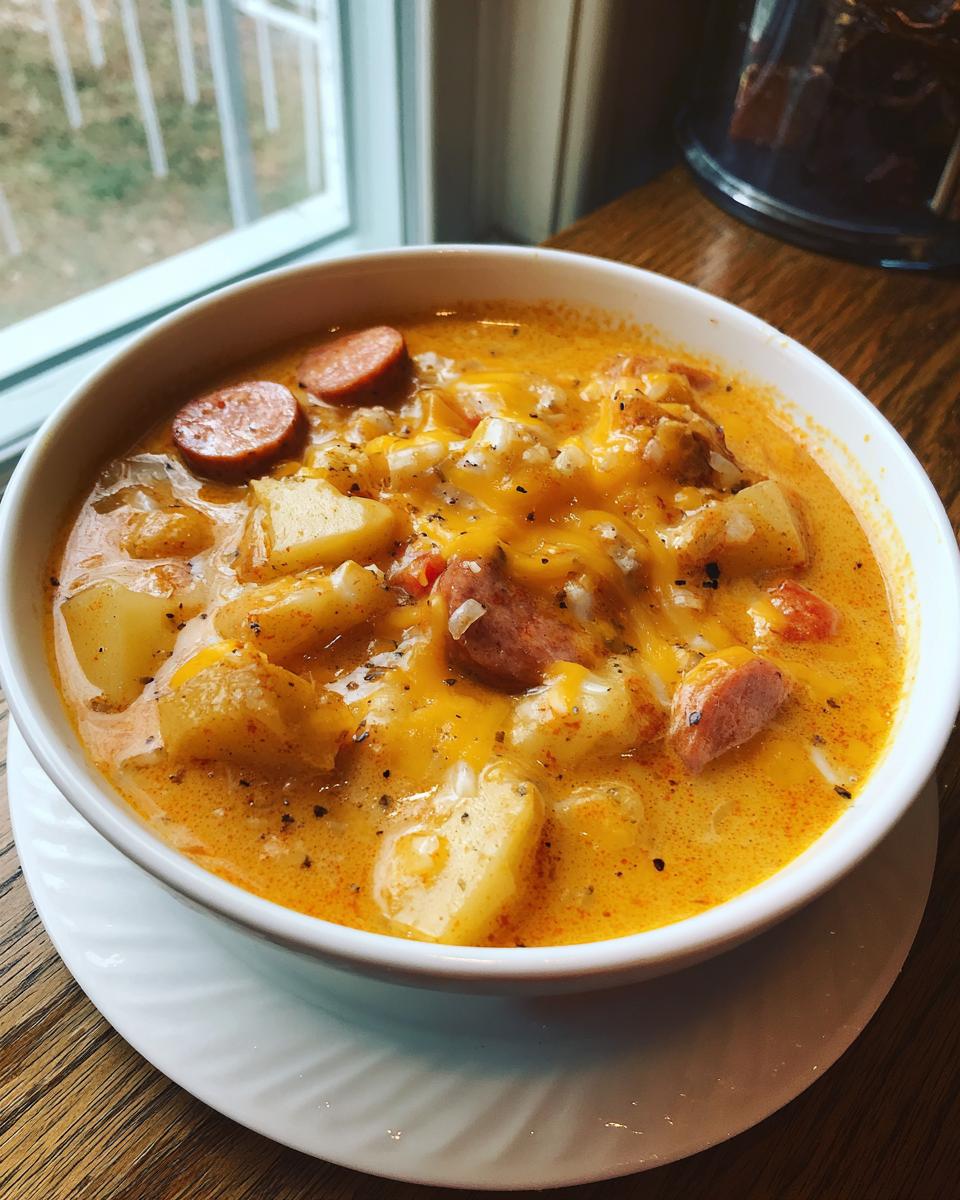 A close-up of a creamy, orange-hued Cajun potato soup topped with melted cheddar cheese, chunks of potato, and sliced smoked sausage.