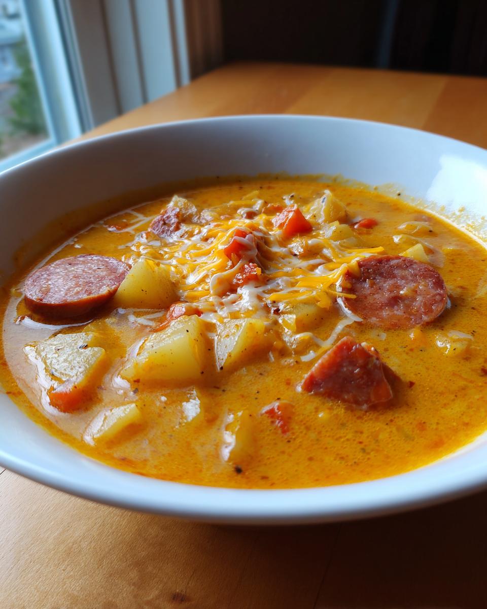 Close-up of a creamy bowl of Cajun potato soup topped with sliced sausage and shredded cheddar cheese.