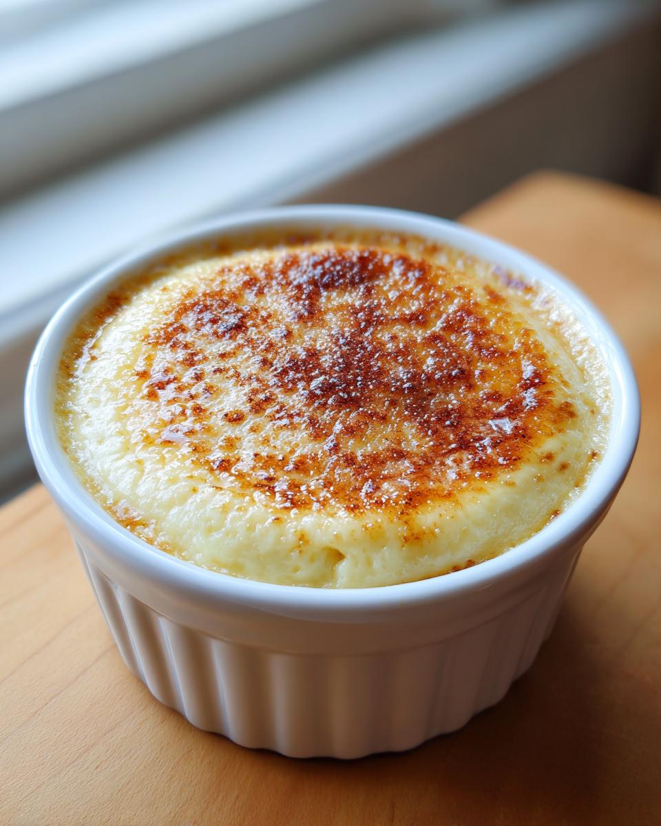 Close-up of a creamy, baked egg custard in a white ramekin with a perfectly caramelized, browned sugar top.
