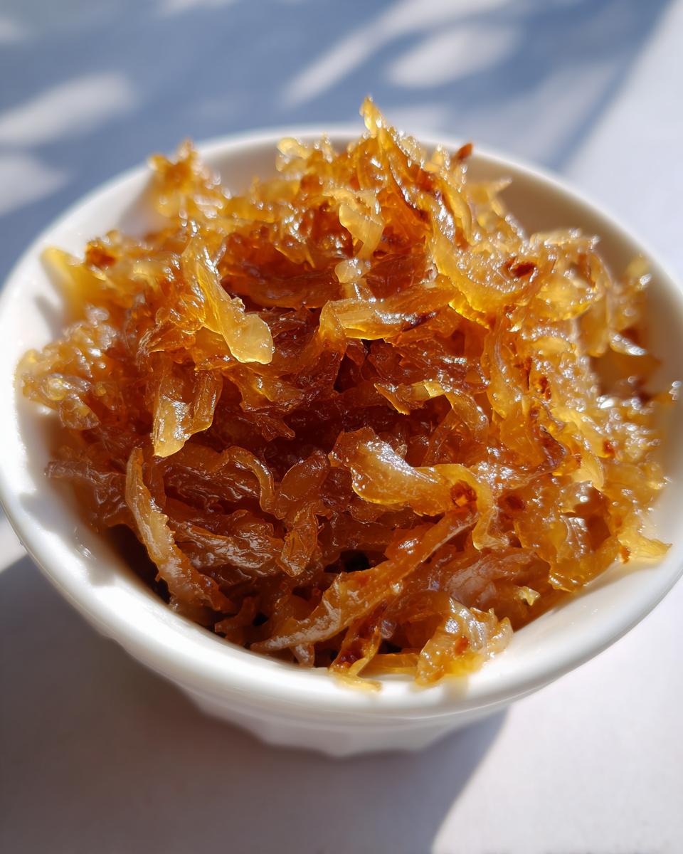 Close-up of deeply golden, sweet caramelized onions served in a small white bowl.