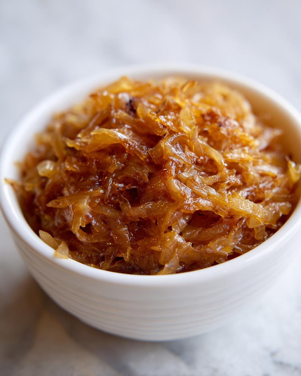 Close-up of rich, brown caramelized onions filling a small white bowl.