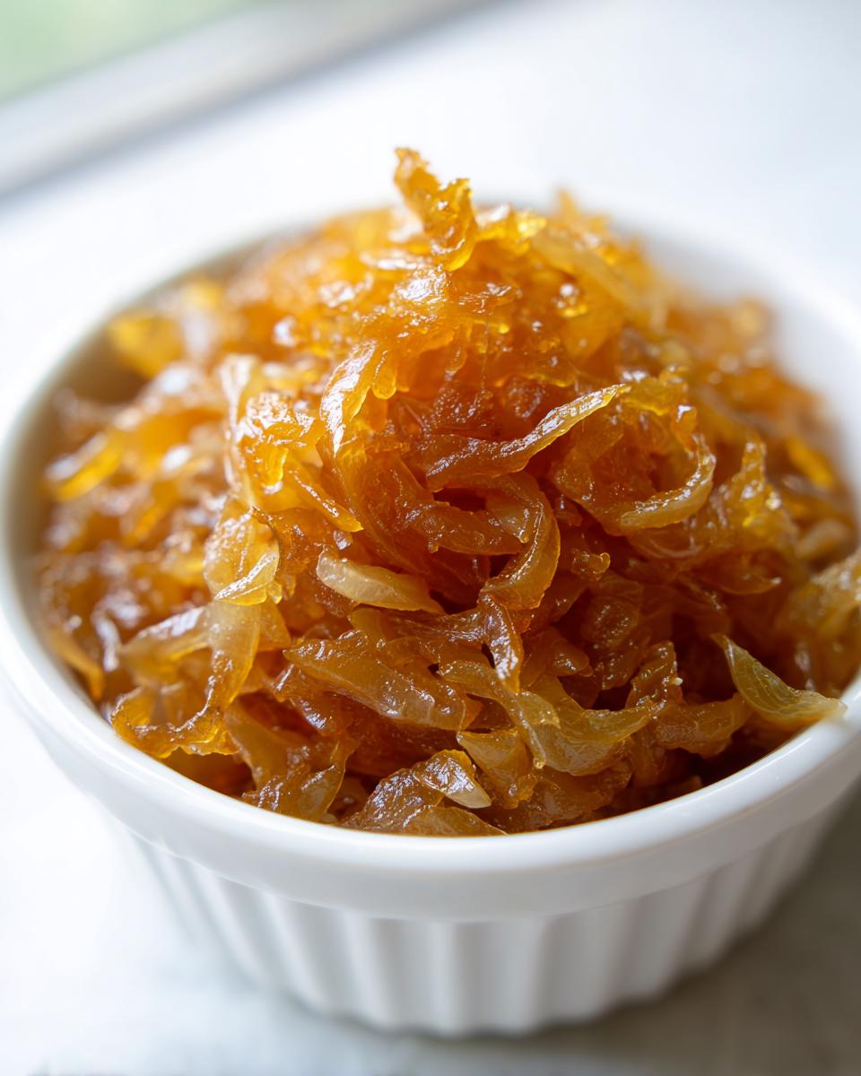 Close-up of richly golden brown caramelized onions piled high in a small white ceramic bowl.
