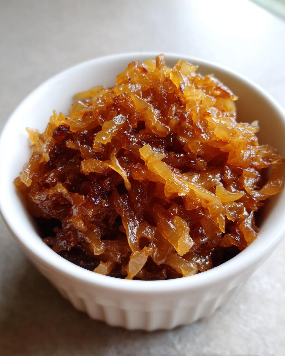 Close-up of rich, glossy caramelized onions piled high in a small white serving dish.