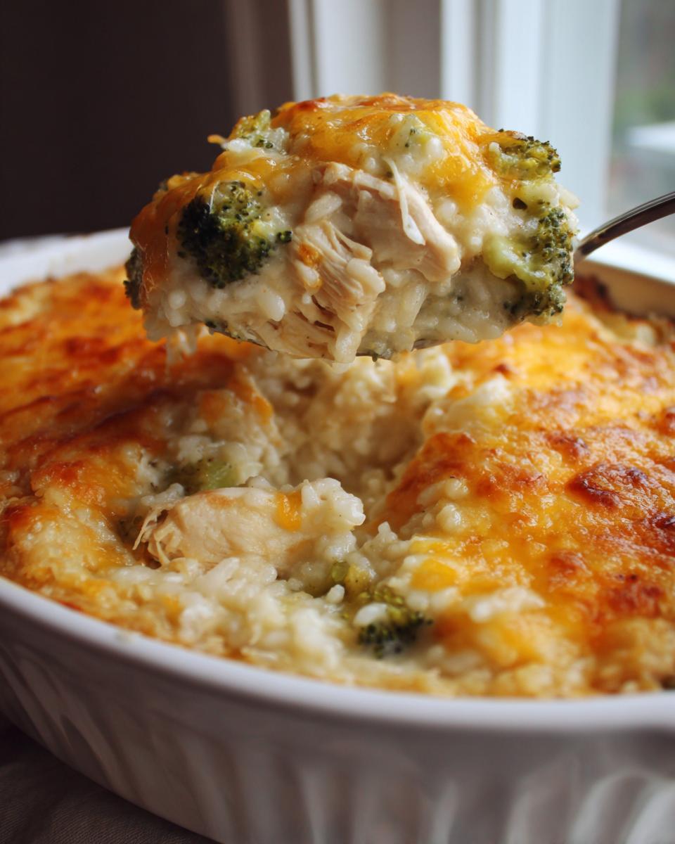 A spoonful of creamy chicken and broccoli rice casserole topped with melted cheddar cheese being lifted from the baking dish.