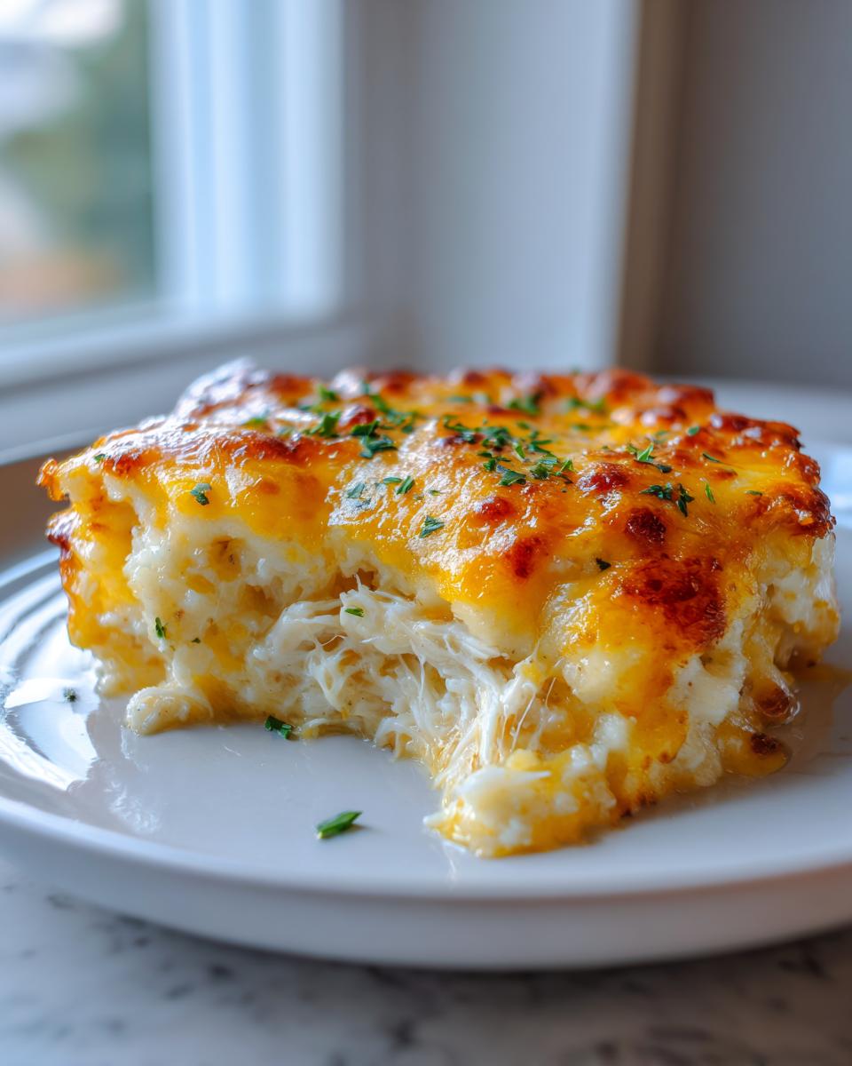 A square slice of cheesy chicken cauliflower rice casserole with a golden-brown top, showing shredded chicken texture inside.