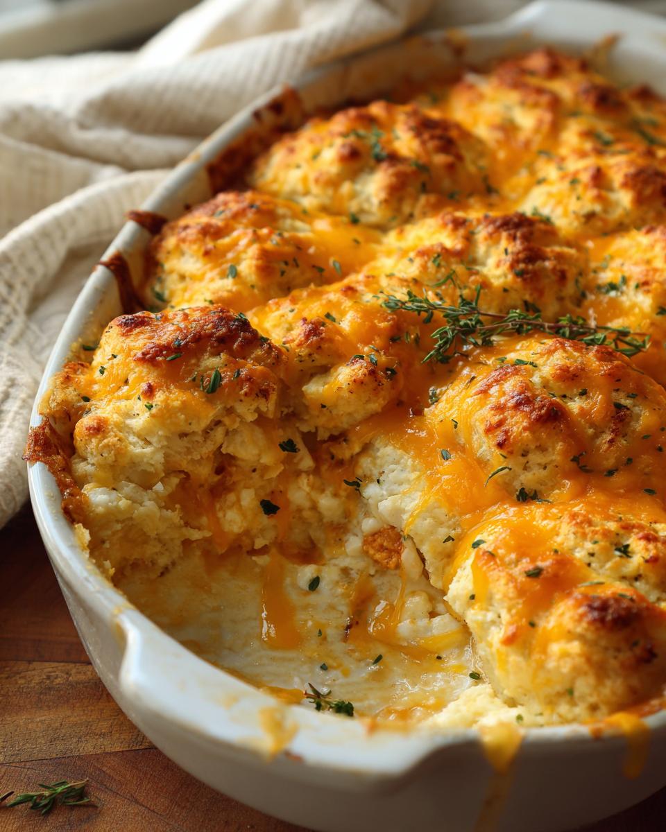 Close-up of a baked chicken cobbler with golden biscuits and melted cheddar cheese, garnished with herbs.