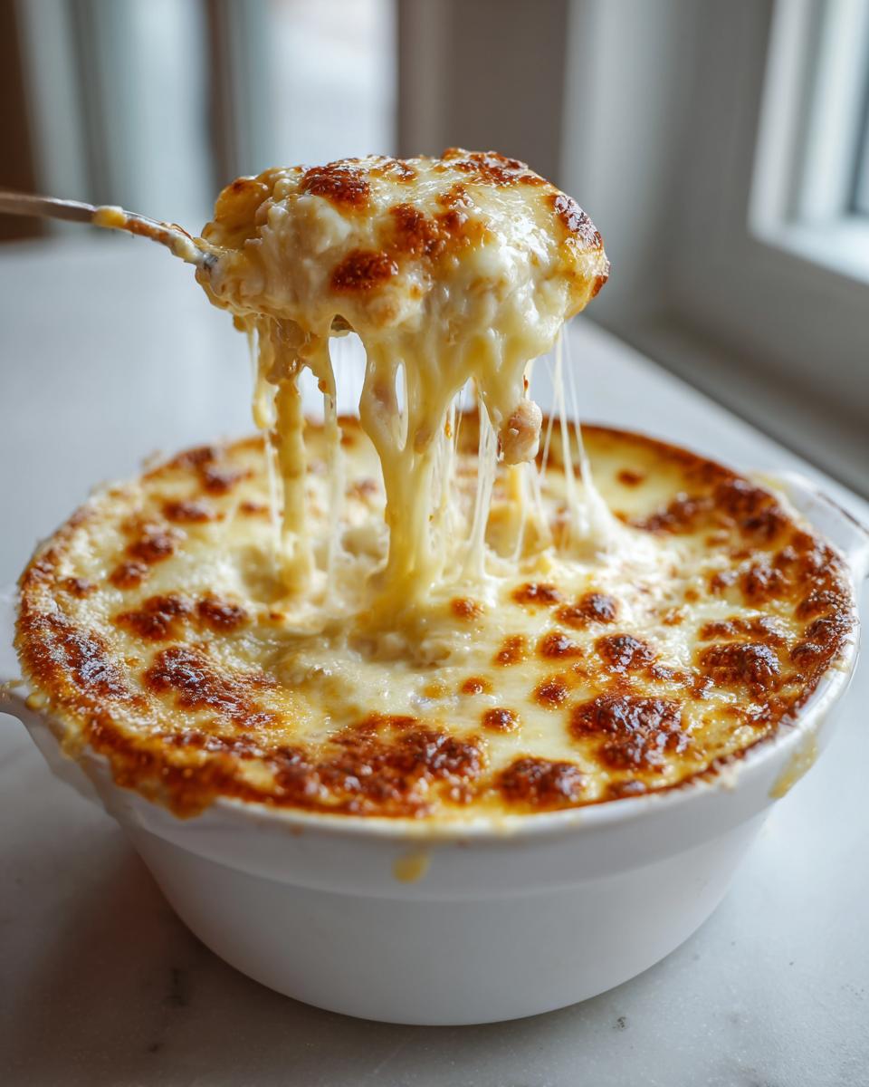A spoonful of hot, cheesy Reuben dip is lifted from a white bowl, showing long, melted cheese strings.