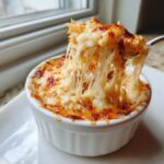 A spoonful of hot, cheesy Reuben dip is pulled from a white ramekin, showing long, melted cheese strings.