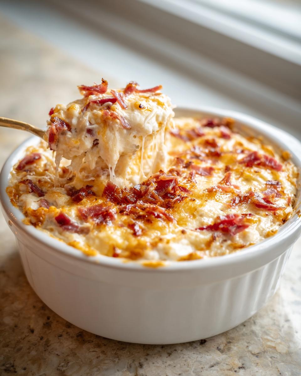 A spoonful of hot, cheesy Reuben dip with bacon bits being lifted from a white crockpot dish.