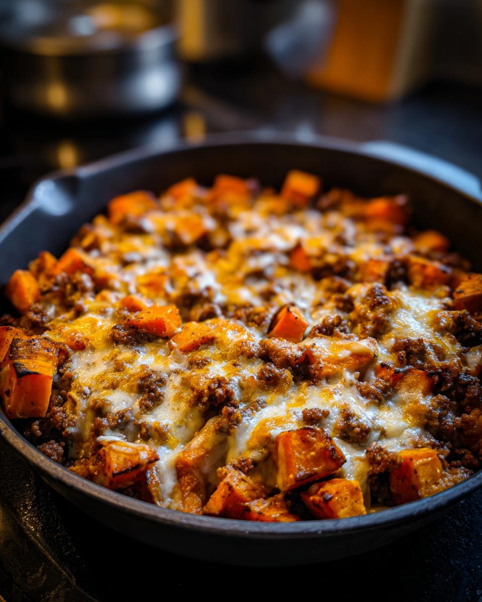 Close-up of a bubbling sweet potato skillet topped with seasoned ground meat and melted cheese in a dark cast iron pan.