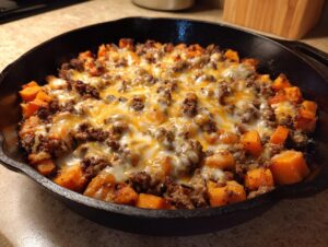 Close-up of a savory sweet potato skillet topped with browned ground meat and melted cheddar and Monterey Jack cheese.