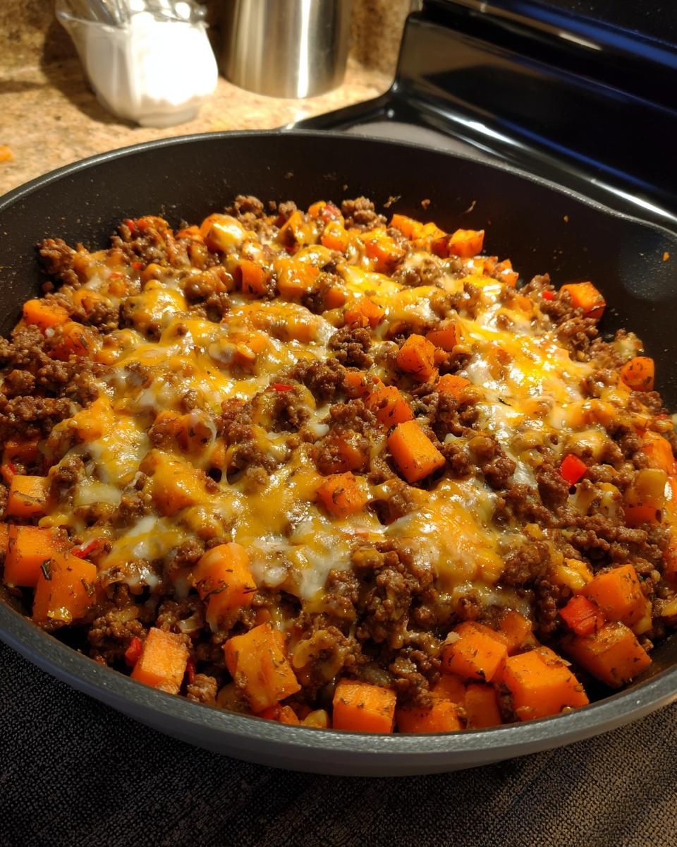 A close-up of a savory sweet potato skillet mixture topped with melted cheddar and white cheese.
