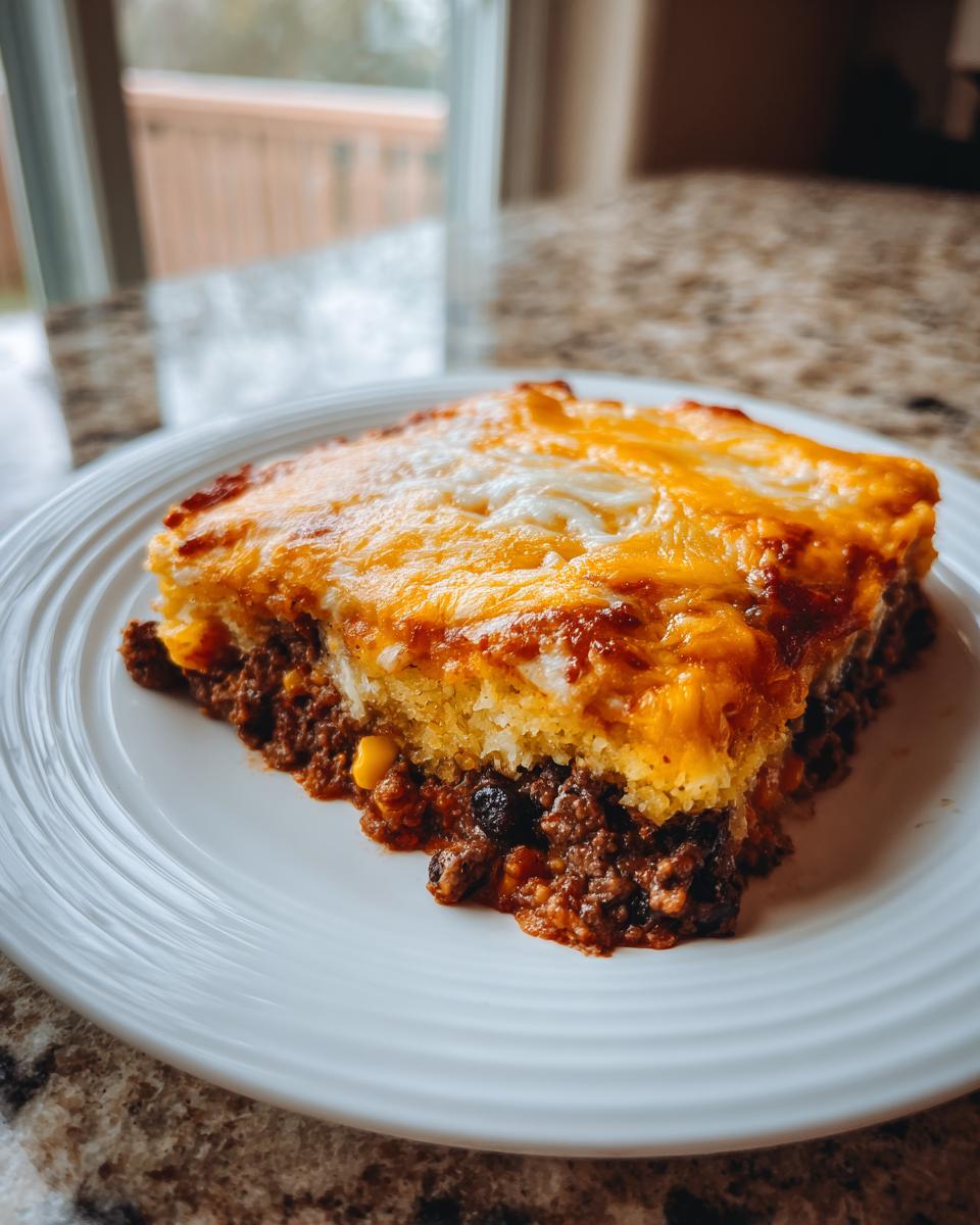 A hearty slice of tamale pie with a cornbread topping and melted cheddar cheese over a savory meat and bean filling.