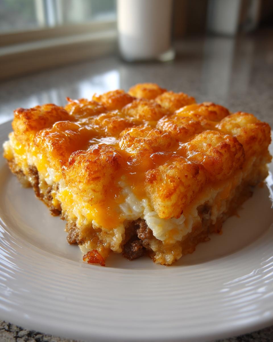 A square serving of amazing tater tot casserole with melted cheddar cheese on top, resting on a white plate.