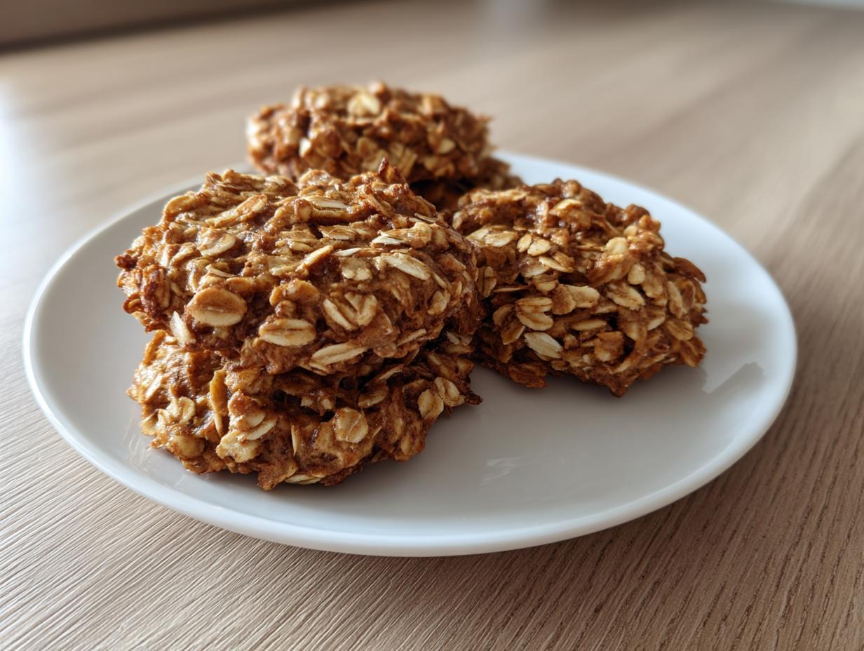 Four chewy banana oatmeal cookies stacked loosely on a small white plate on a wooden surface.