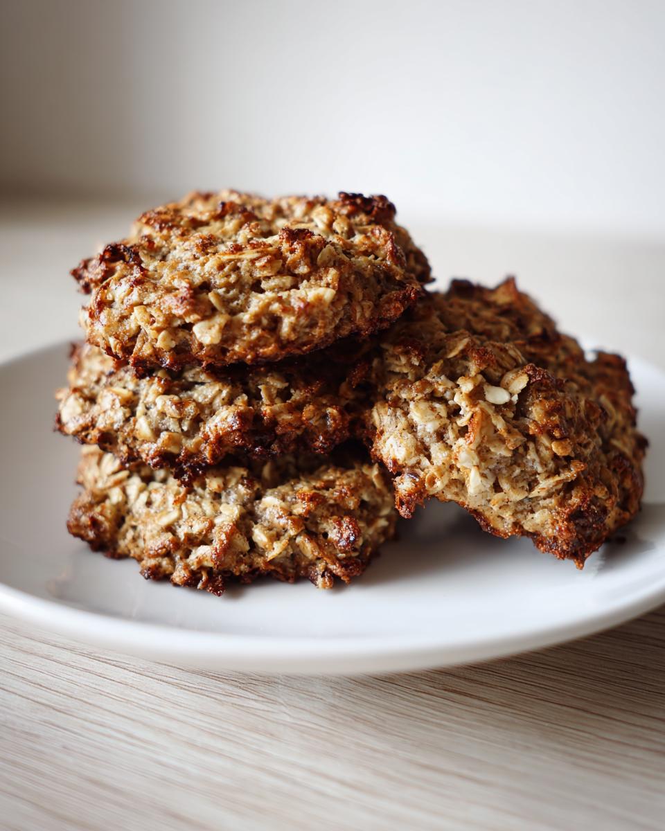 A close-up stack of four chewy banana oatmeal cookies with visible oats, resting on a white plate.