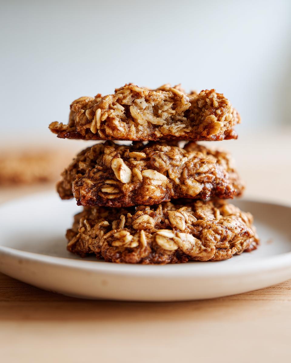 A stack of three chewy banana oatmeal cookies showing texture and oats, resting on a light plate.