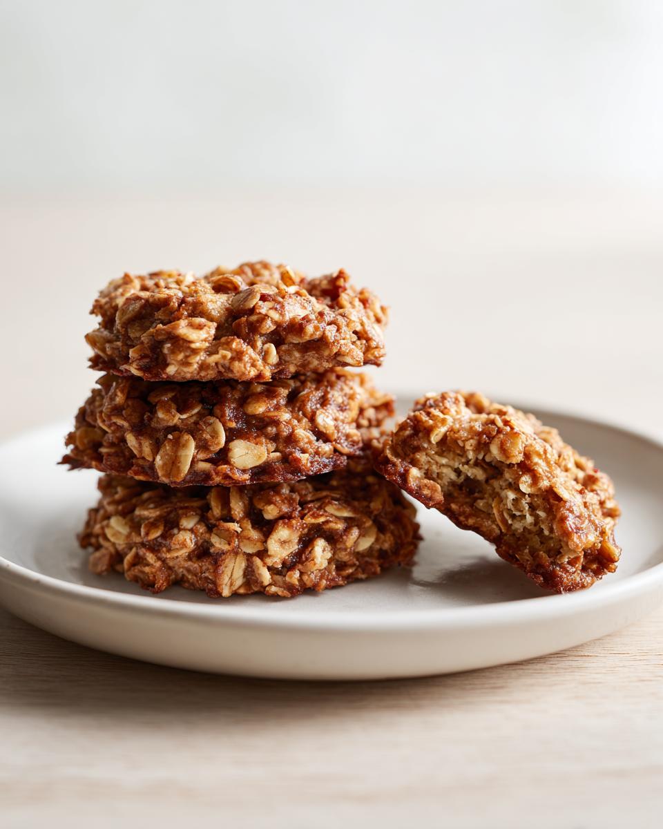 A stack of chewy banana oatmeal cookies, with one broken in half to show texture, resting on a light plate.