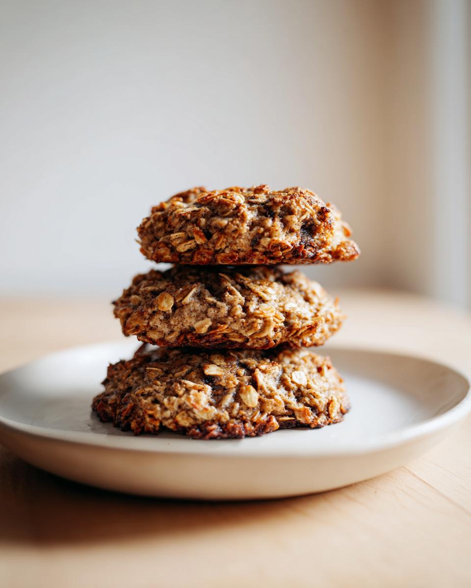 Three chewy banana oatmeal cookies stacked vertically on a light-colored plate.