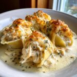 Four baked chicken alfredo stuffed shells topped with melted, browned cheese and parsley in a creamy sauce.